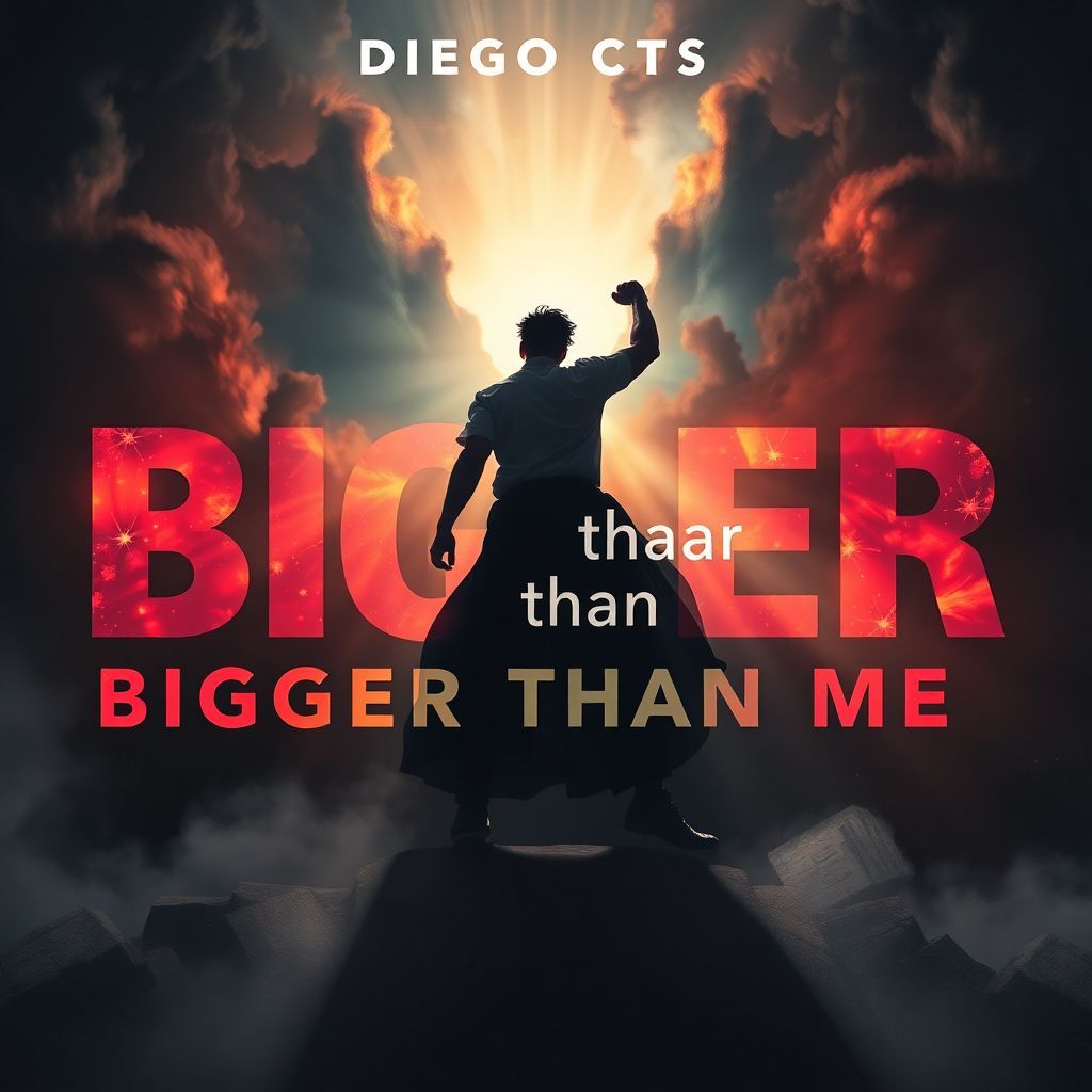 Rap AI Album Cover — A captivating album cover featuring a powerful figure in a dynamic stance, surrounded by swirling shadows and fragments of light symbolizing hope and struggle; the title "Bigger than Me" integrated as part of the scene, bold typography with vibrant colors blending into a moody atmosphere, 8k resolution, photorealistic details, cinematic lighting effects to enhance emotion, high quality presentation