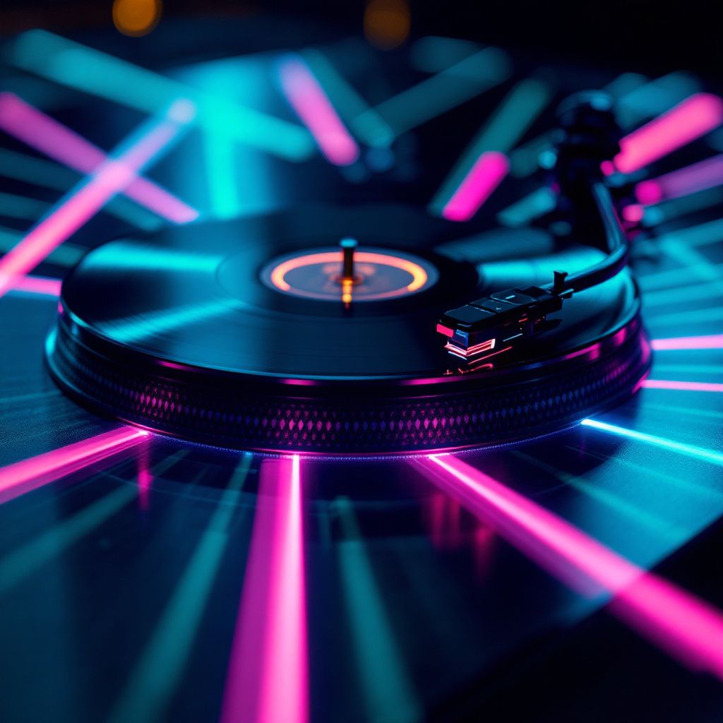 Dubstep AI Album Cover — Close-up on a futuristic turntable with laser lights emanating, minimalist style, strong contrast and tight framing, electric blue and neon pink palette, highly detailed, sharp focus