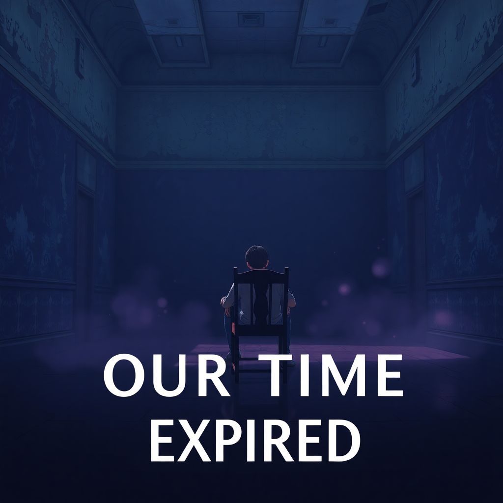 Trap AI Album Cover — A vast, dimly lit chamber with peeling paint, featuring a slouched figure in an antique wooden chair. Ethereal shadows swirl around them, creating a melancholic atmosphere. The title "OUR TIME EXPIRED" is bold and stylized, integrated into the deep indigo and violet color palette, cinematic anime aesthetic, 8k, highly detailed.