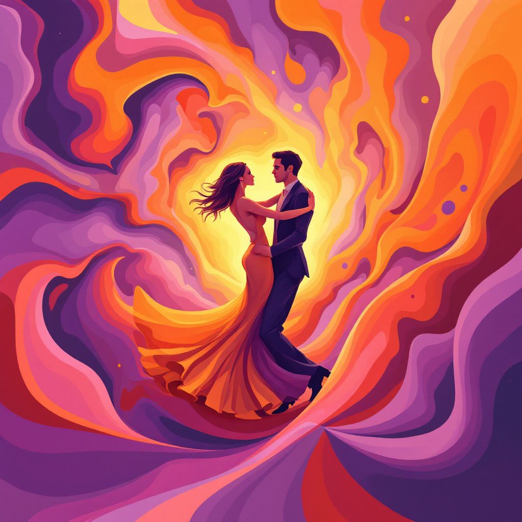 Latin AI Album Cover — Abstract salsa dancers, psychedelic forms, bright orange and purple hues, festive energy and swirling motion, high quality with smooth gradients, sharp contrast