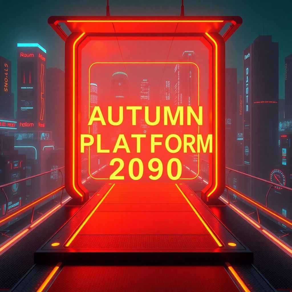 Lo-Fi AI Album Cover — A futuristic lo-fi album cover featuring a glowing autumn platform in a neon cityscape, with the title "Autumn Platform 2090" integrated within the structure; vibrant oranges and deep blues, minimalist design, ethereal lighting, highly detailed, 8k resolution, dreamy atmosphere