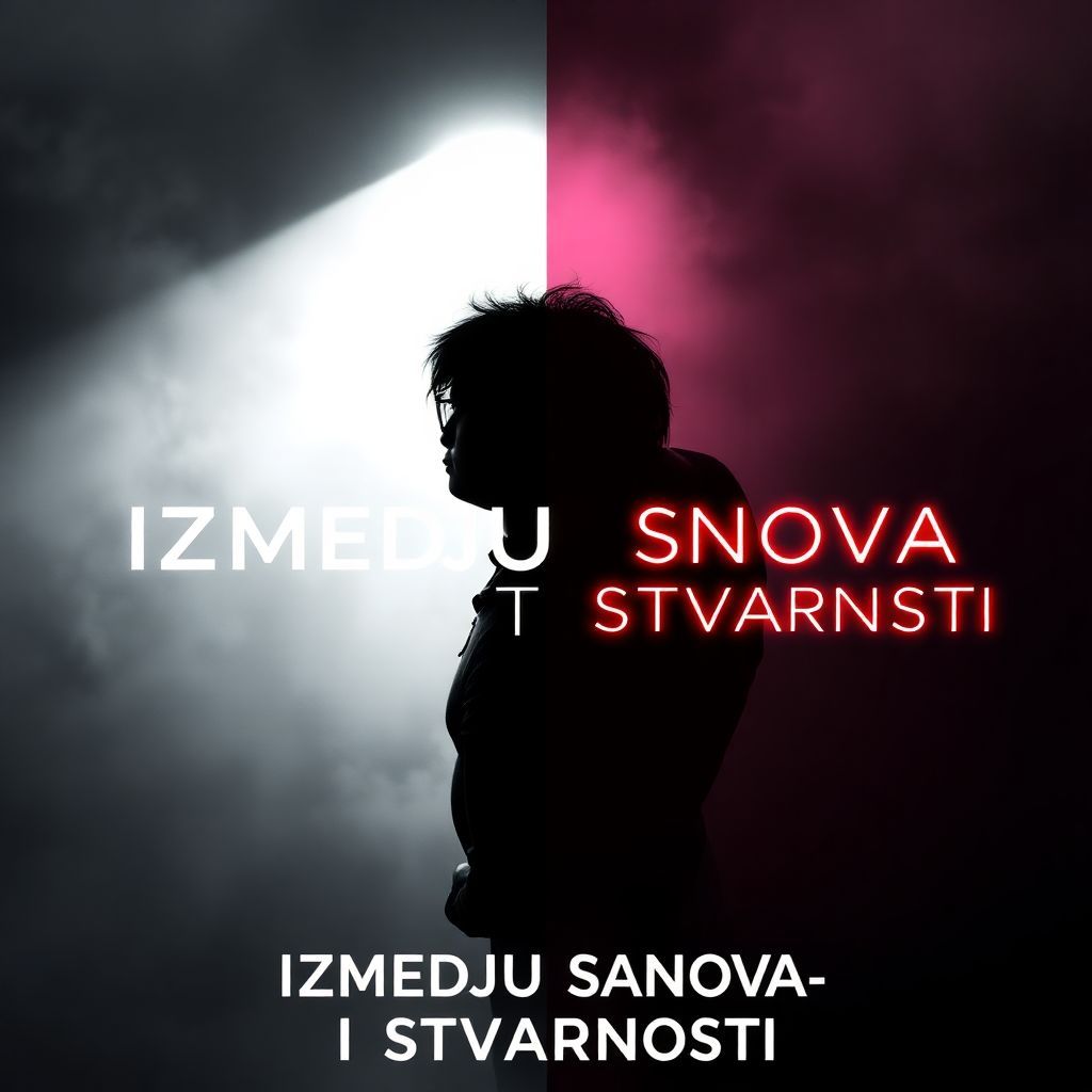 Trap AI Album Cover — A bird's-eye perspective album cover featuring a character in silhouette, looking away with a spotlight shining from behind; left side in black and white, right side in vibrant neon colors, incorporating the title 'IZMEDJU SNOVA I STVARNOSTI' seamlessly into the design, highly detailed, 8k resolution, moody and surreal atmosphere