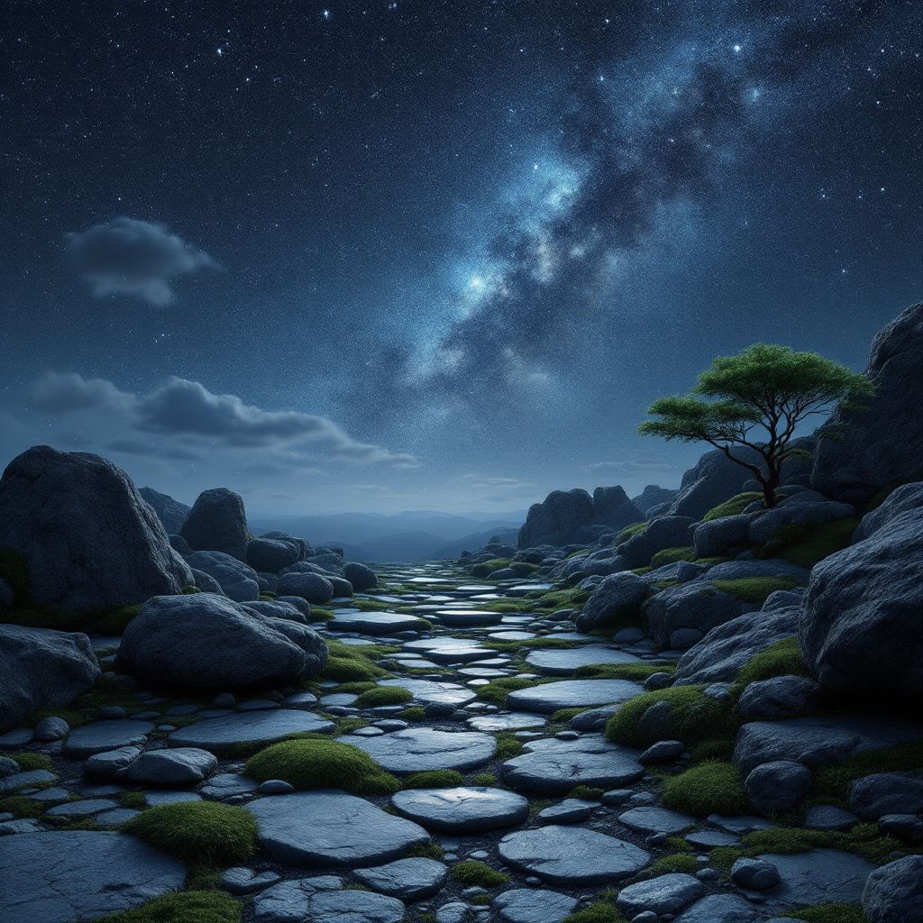 Meditation AI Album Cover — A rocky zen garden under a starry sky, minimalist and photorealistic, long exposure for soft starlight, cool gray and deep blue tones, high quality with sharp focus, soothing and contemplative