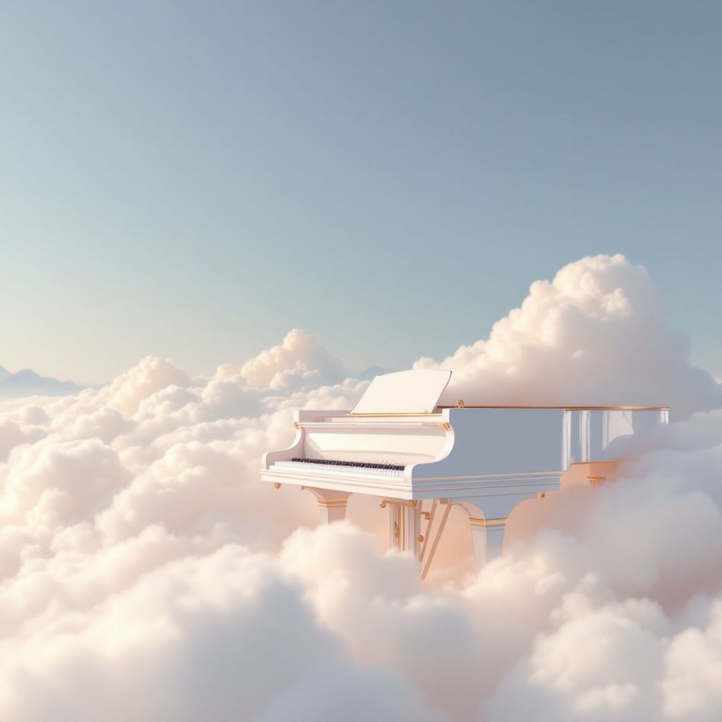 Classical AI Album Cover — a grand piano amidst a dreamy cloudscape, abstract and minimalist, soft ambient lighting, pastel color palette with hints of gold, photorealistic quality, 8k resolution