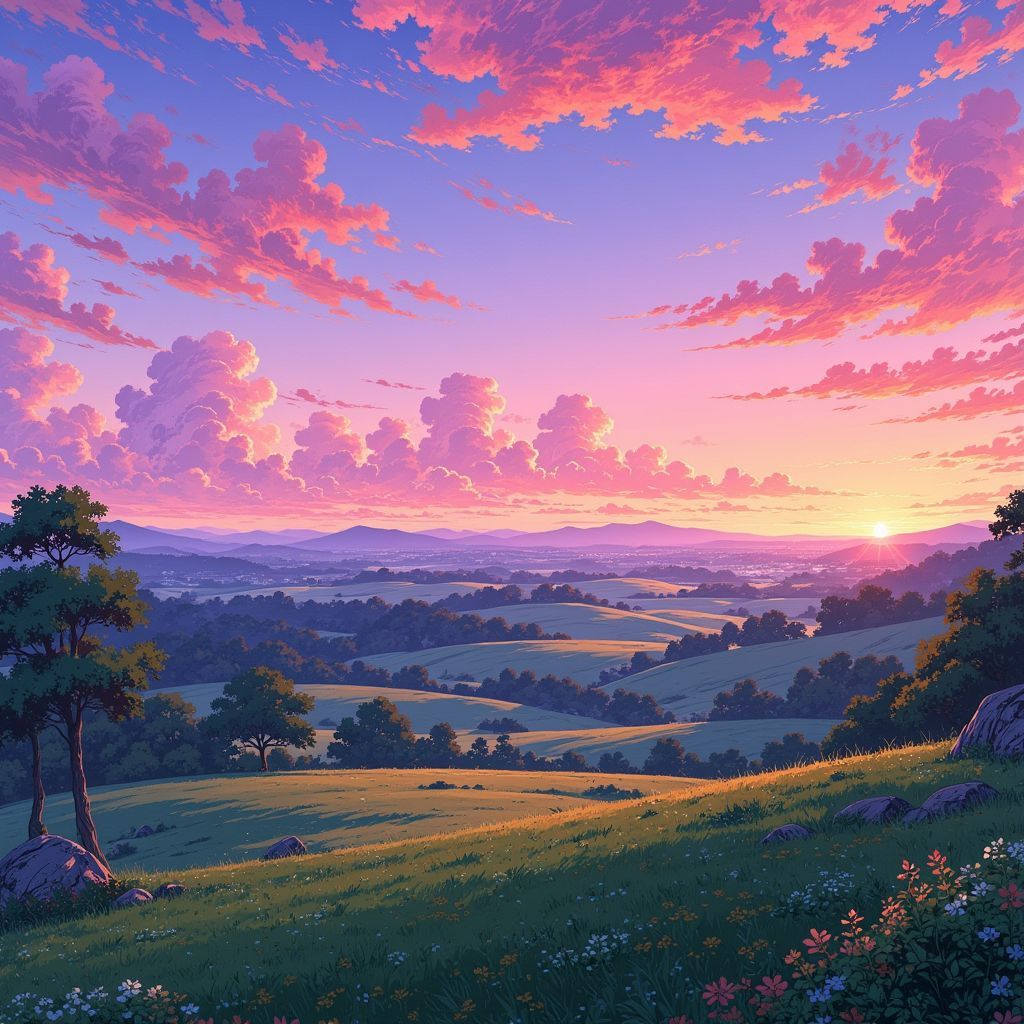 Chillout AI Album Cover — A dreamy landscape of soft rolling hills at dusk, with a lone figure sitting on a grassy knoll watching the sunset; ethereal lighting, pastel color palette of pinks and purples, highly detailed, 8k quality, atmospheric and soothing feel