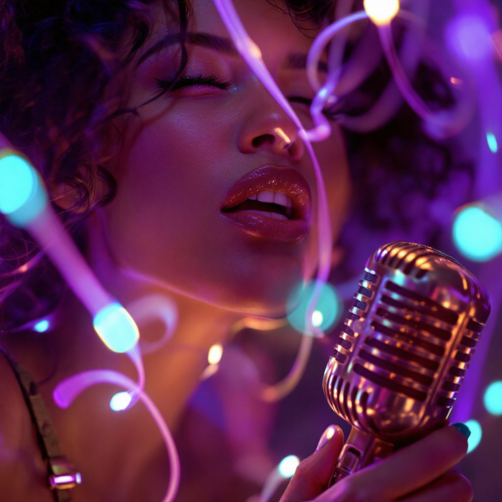 Soul AI Album Cover — Portrait of singer with vintage mic, dreamy neon lights, purple and teal highlights, intimate atmosphere, finely detailed textures and expressions, 8k caliber, professional artwork