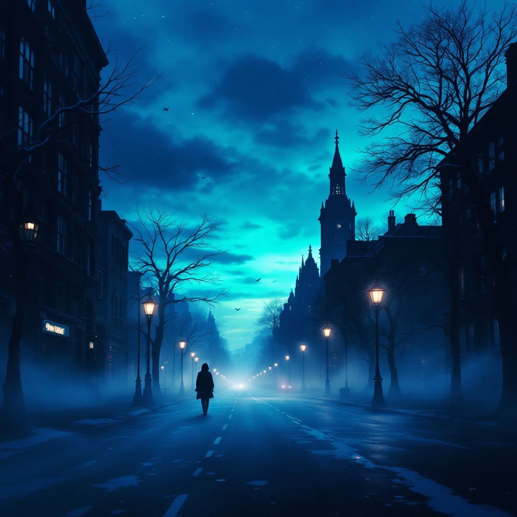 Chillout AI Album Cover — A calm city street at twilight, surreal composition, moody atmosphere, deep blue and turquoise hues, soft focus, photorealistic rendering, 8k resolution