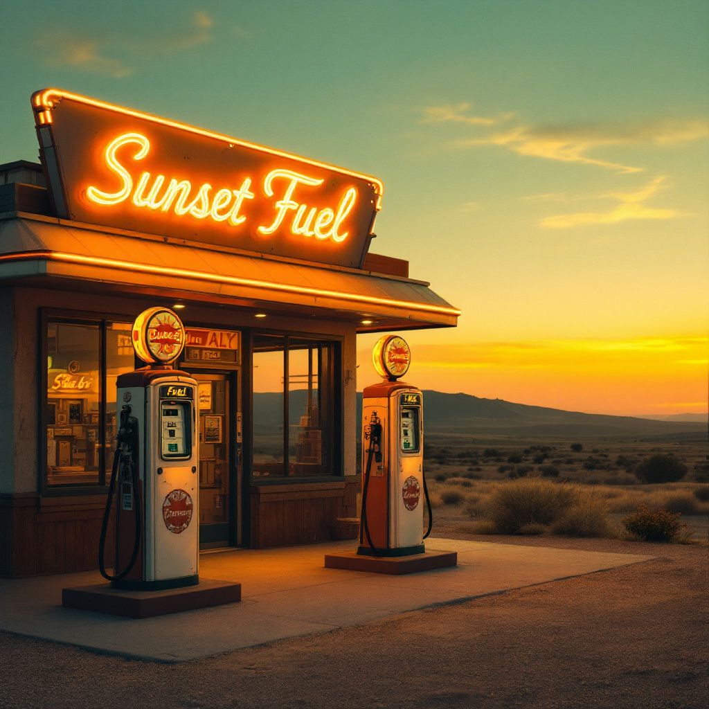 Americana AI Album Cover — Retro gas station with vintage signage at dusk, Americana style, warm amber glow, detailed textures, 8k quality, cinematic atmosphere.
