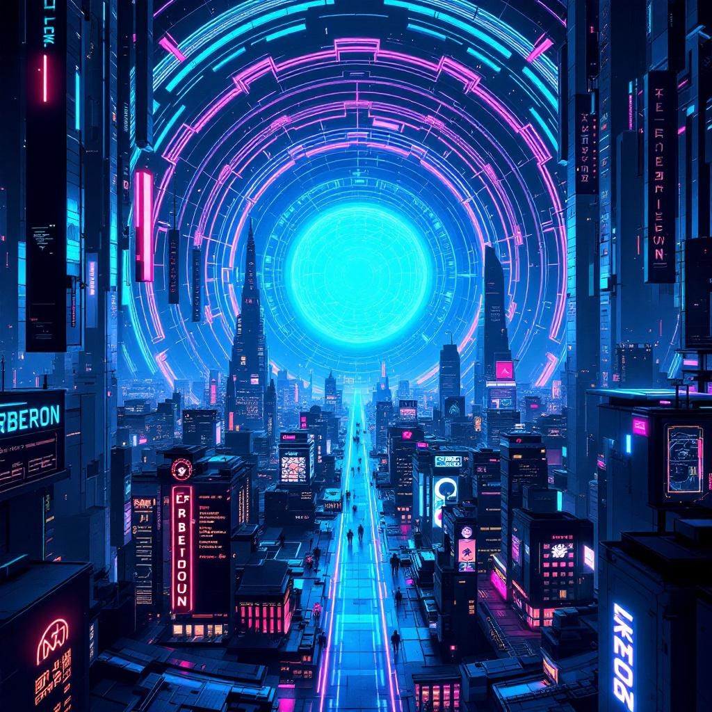 Techno AI Album Cover — A vibrant album cover for a techno track titled 'ERBERON', featuring a futuristic cityscape with neon lights and abstract shapes; a central glowing orb surrounded by swirling geometric patterns, high contrast colors like electric blue and neon pink, ethereal lighting and deep shadows, high detail, 8k resolution, dynamic and energetic atmosphere