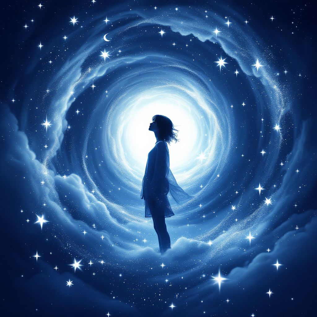 J-Pop AI Album Cover — Abstract silhouette of a j-pop artist, surrounded by celestial motifs, ethereal and dreamy composition, soft ambient lighting, shades of midnight blue and silver, detailed rendering