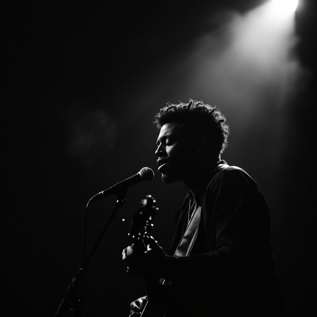 Blues AI Album Cover — Moody silhouette of a blues singer on stage, dramatic spotlight, black and white photorealistic style, smoky ambience, sharp contrasts, high quality detail, 8k resolution