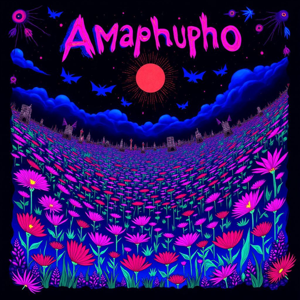 Dance AI Album Cover — A beautifully illustrated album cover for "Amaphupho," featuring a surreal landscape with vibrant dreamlike visuals, glowing stars and ethereal flowers in a night sky, black light effect illuminating shapes, dynamic movement, psychedelic color palette of blues, pinks, and purples, highly detailed and captivating, 8k quality, evoking emotions of hope and aspiration