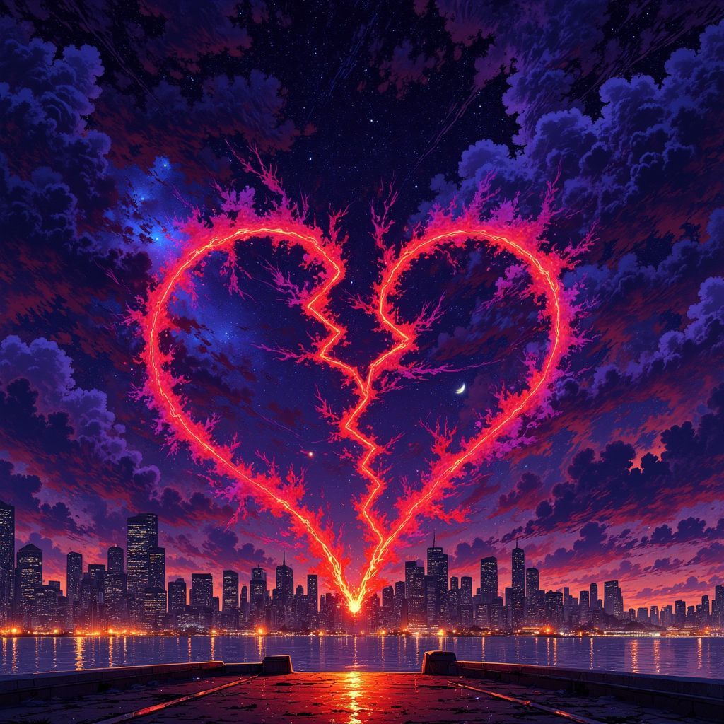 Afrobeat AI Album Cover — A vibrant afrobeat album cover illustrating a broken heart with a guitar intertwined, set against a dark city skyline at night; cinematic lighting, rich purples and blues with gold accents, highly detailed and ethereal feel, evoking emotions of love and pain, Ghibsky illustration style, 8k resolution