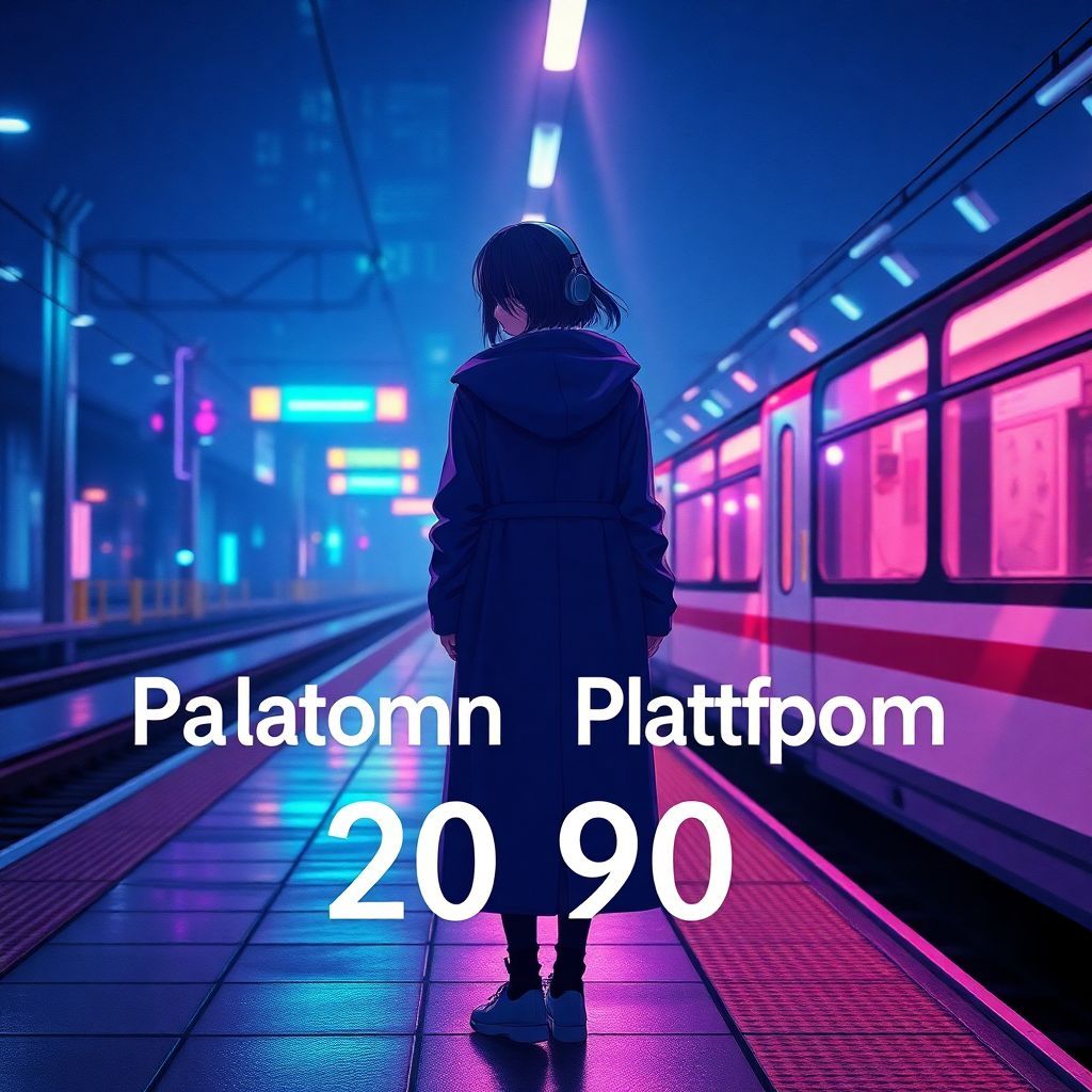 Lo-Fi AI Album Cover — A futuristic anime-style music cover featuring a girl on a neon-lit train platform at night, wearing a long coat and headphones, cinematic lighting, melancholic atmosphere with reflections of blue, purple, and pink hues; includes the title text "Autumn Platform (2090)" beautifully integrated; highly detailed, 8k resolution, urban solitude feel