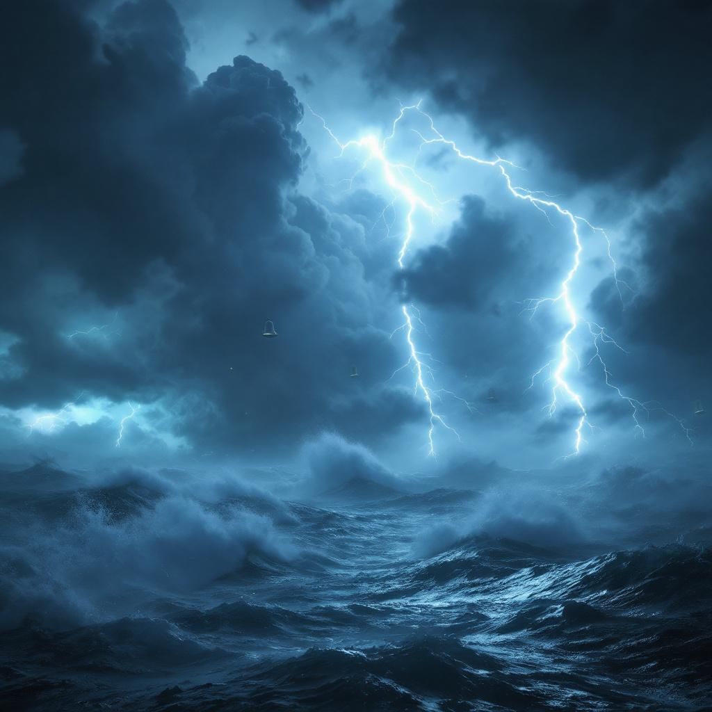 Soundtrack AI Album Cover — An ethereal music cover depicting a stormy sea with luminous bells floating in the air; a cinematic visual style with dramatic lightning, misty atmosphere, and swirling clouds; deep blues and silvers contrasted with bright whites, highly detailed and photorealistic, 8k resolution.