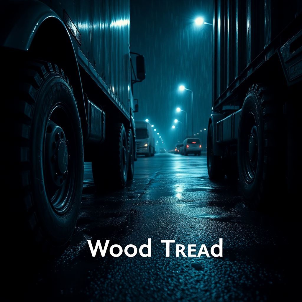Alternative AI Album Cover — A dark, moody album cover for "Wood Tread" featuring a close-up of muddy truck tires on wet asphalt, illuminated by flickering streetlights; rain softly splashing and reflecting light, gloomy atmosphere, photorealistic detail, sharp focus, subtle textures, ethereal lighting, 8k resolution