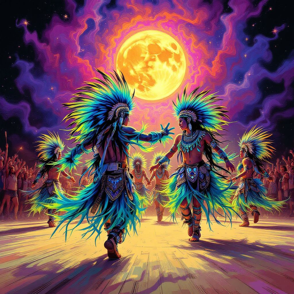 World AI Album Cover — Traditional native American pow-wow, dancers in ceremonial dress, psychedelic modern twist, bright and bold color palette, dynamic movement captured, high contrast, professional