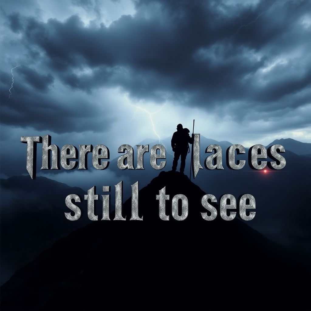 Metal AI Album Cover — A cinematic metal album cover showcasing a climber on a steep hill, silhouetted against a stormy sky; the title "There are places still to see" boldly displayed in jagged metal typography, colors of dark blues and grays with flashes of lightning; immersive and intense mood, professional quality, photorealistic.