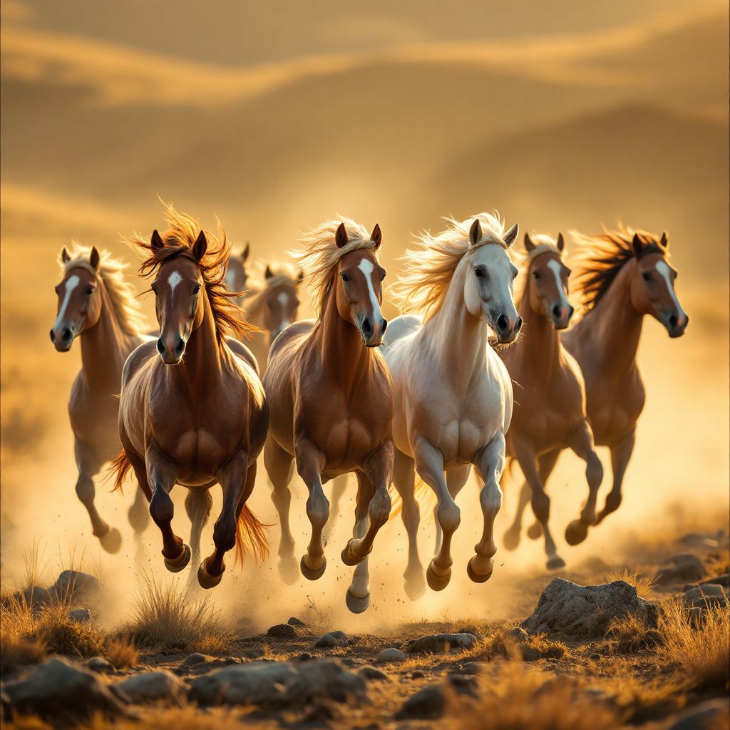Folk AI Album Cover — A photorealistic image of wild horses running through an open meadow, natural light, rich earth tones, cinematic style, full of motion and vitality, highly detailed, 8k resolution, embodies freedom and spirit