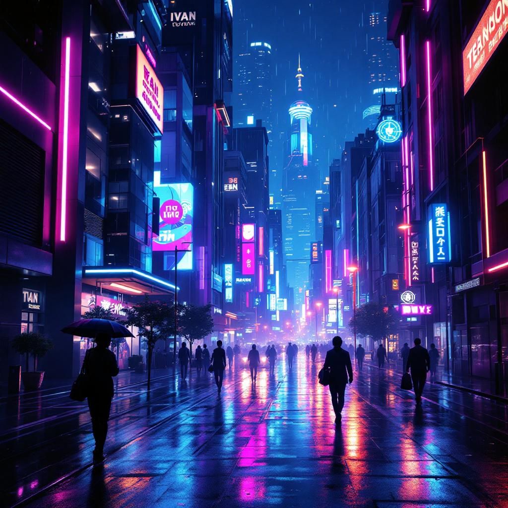 Techno AI Album Cover — A vibrant techno album cover featuring a futuristic cityscape at night, neon lights reflecting in rain-soaked streets, close-up of abstract geometric patterns forming sound waves, ethereal lighting effects, rich blues and purples, highly detailed, photorealistic, capturing the pulse of urban life