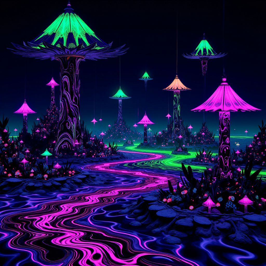Trance AI Album Cover — An abstract black light cover depicting an otherworldly landscape of floating islands and luminous waves; using bright neon greens and pinks, dynamic forms, moody ambiance, 8k quality, intricately detailed with soft glowing elements.