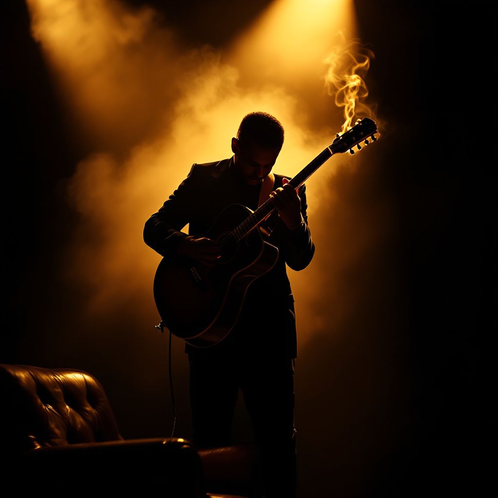 Blues AI Album Cover — Silhouette of a blues guitarist in a smoky jazz club, moody lighting, abstract artistic style, rich browns and blacks, high quality and detailed shadows, professional look