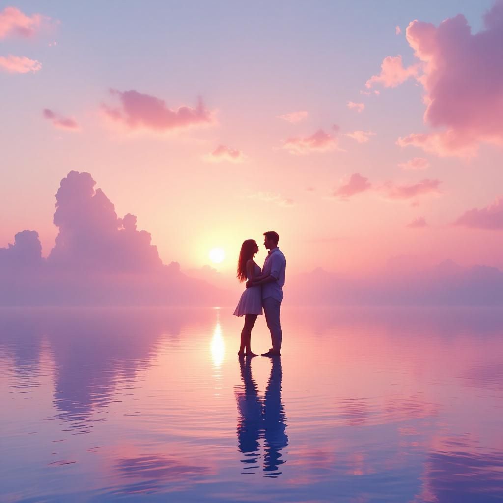 Chillout AI Album Cover — A serene landscape with a glowing sunset, featuring a silhouette of a couple sharing a warm embrace; ethereal lighting and soft pastel colors, dreamy reflections on water, high quality and highly detailed, encapsulating feelings of love and tranquility, 8k resolution