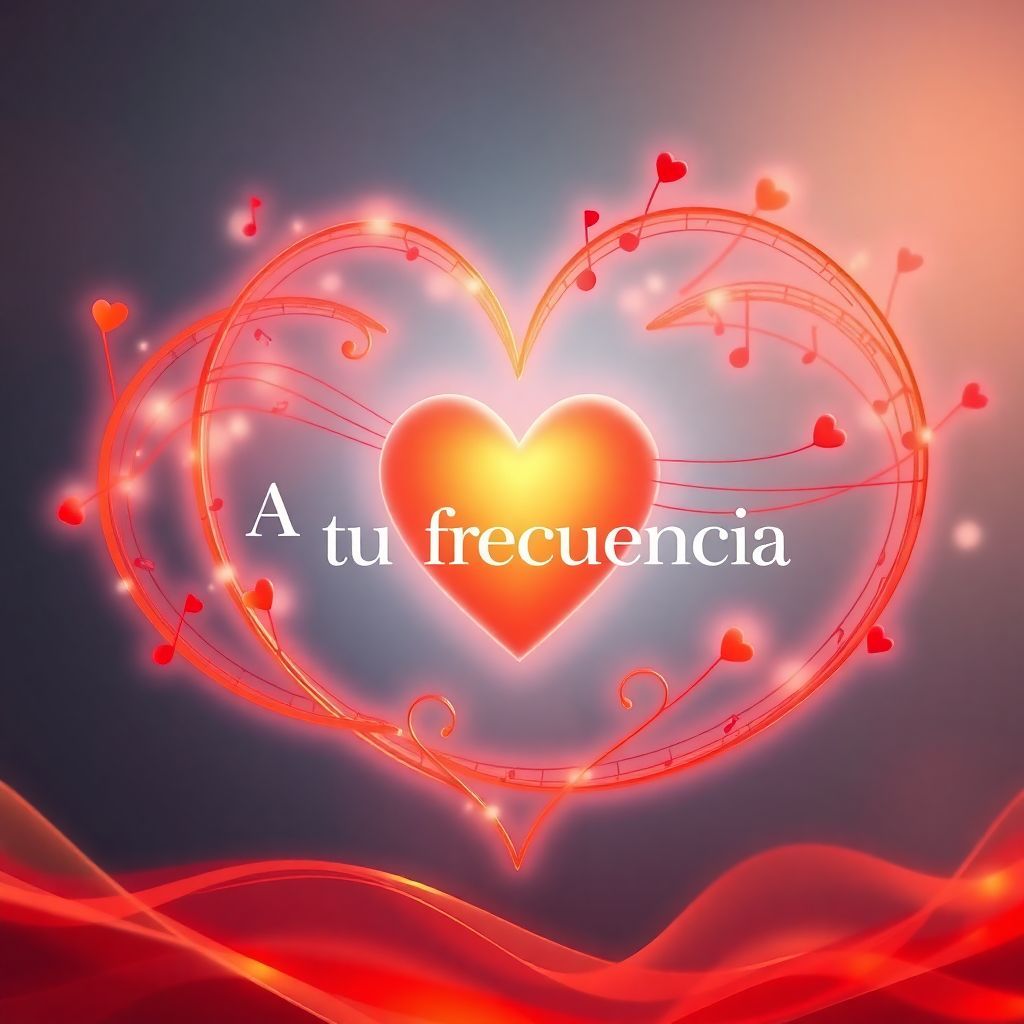 Latin AI Album Cover — An ethereal design with a glowing heart surrounded by intertwining musical notes and gentle waves of reddish-orange, integrating the title "A Tu Frecuencia" harmoniously into the composition; minimalist, surreal aesthetic, soft lighting, vibrant and warm tones, highly detailed, evokes feelings of love and healing.