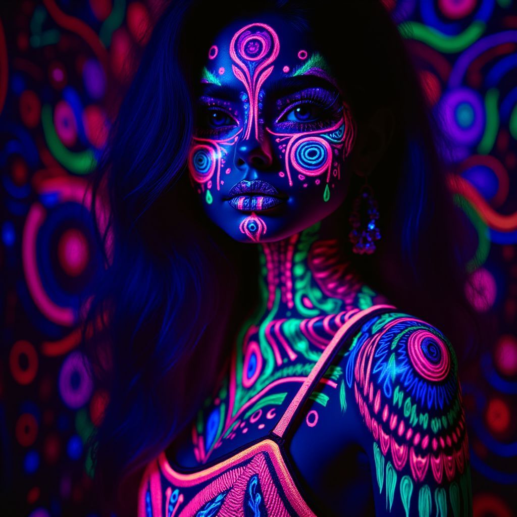 Afrobeat AI Album Cover — A vibrant black light album cover featuring a close-up of a woman's tattooed skin, colorful ink glowing under UV light, with abstract patterns and textures reminiscent of an afrobeat rhythm; ethereal atmosphere, psychedelic colors in neon pink, blue, and green, 8k resolution, highly detailed, sensual and immersive design