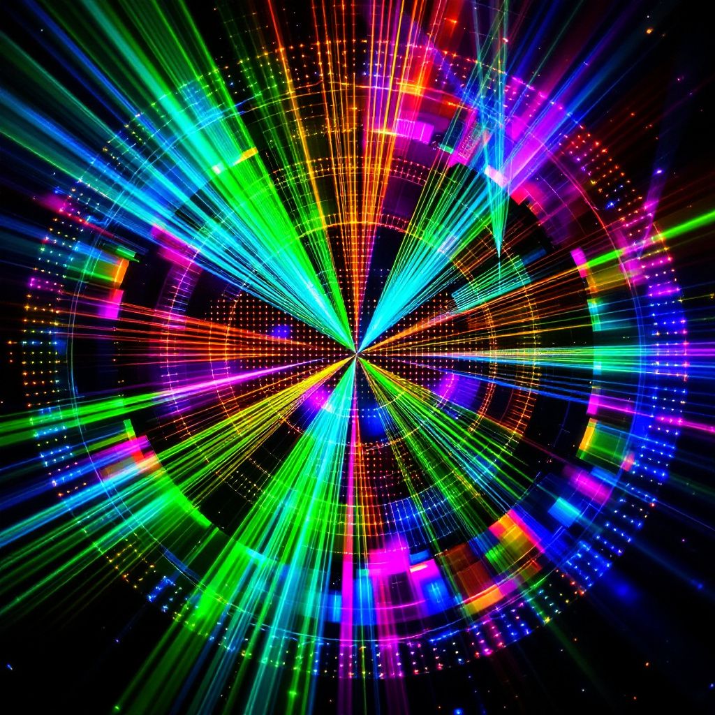 EDM AI Album Cover — Colorful laser grid enveloping a dance stage, cinematic and vibrant, top-down angle, spectrum of bright colors, sharp focus and high detail