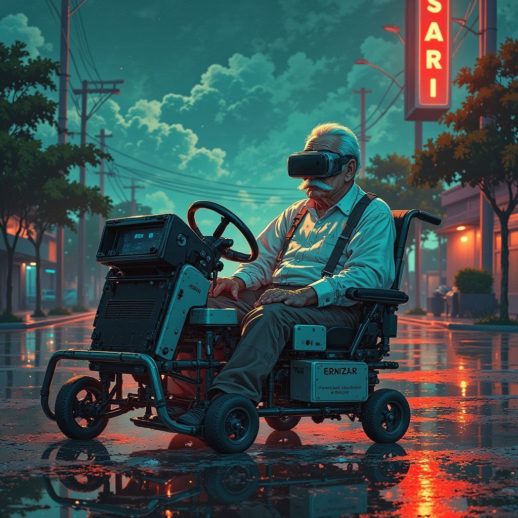 Indie AI Album Cover — A surreal album cover featuring an elderly man in a wheelchair with a white mustache, wearing a VR headset and gripping a steering wheel; minimalist background with negative space, subdued color palette with vibrant accents, cinematic lighting, ethereal and thought-provoking aesthetic, highly detailed, 8k resolution