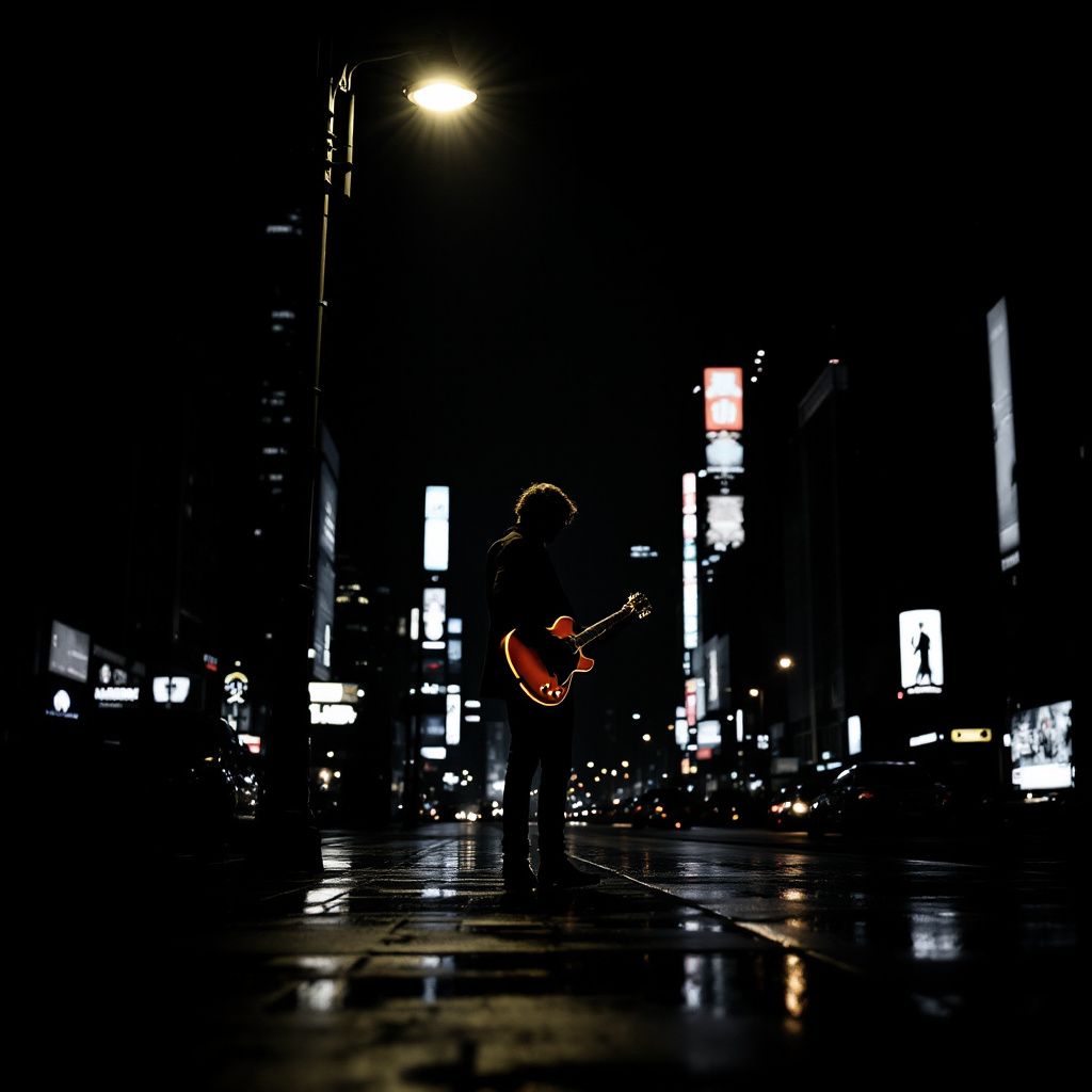 Grunge AI Album Cover — A lone guitarist under a streetlamp, silhouetted, minimalist aesthetic, high contrast black and white, sharp shadows, night city background, photorealistic detail, 8k quality