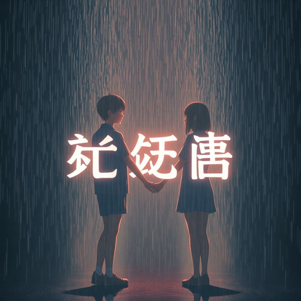 J-Pop AI Album Cover — A dreamy J-Pop album cover featuring two high school students holding hands under a rainfall, creating a bond in a dark, moody setting; the title '約束の影' integrated subtly into the background with soft, pastel colors and warm lighting; highly detailed, ethereal atmosphere, photorealistic style, 8k resolution