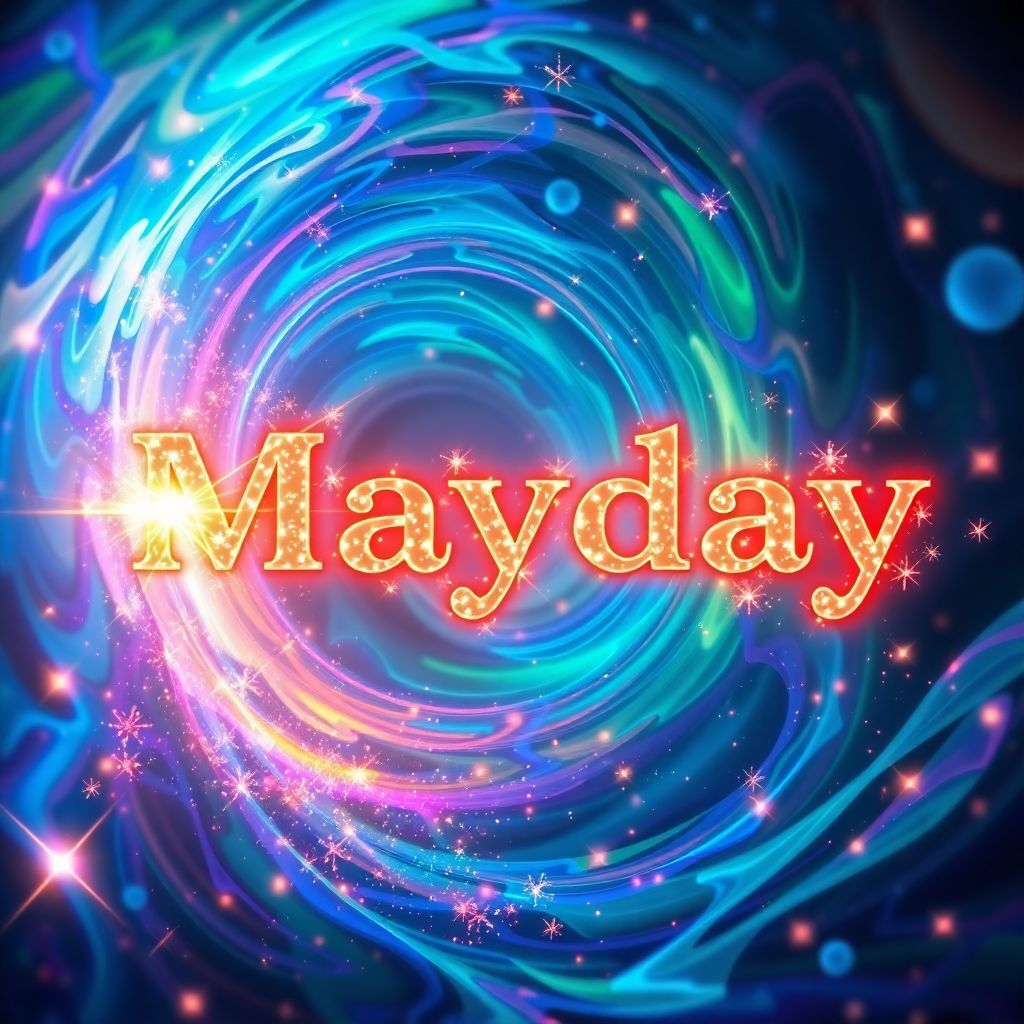 Trance AI Album Cover — A psychedelic trance album cover for 'Mayday', featuring a swirling vortex of vibrant colors, luminous sparks, and abstract shapes; ethereal lighting creates a dreamlike atmosphere, the title 'Mayday' integrated seamlessly into the vortex with glowing effects; highly detailed, 8k resolution, surreal design