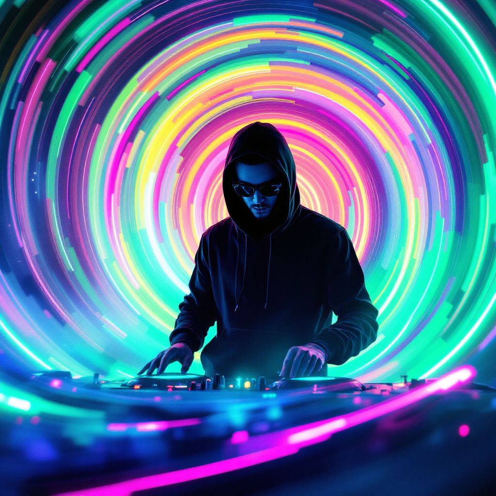 Dubstep AI Album Cover — A dubstep DJ silhouette against a swirling vortex of sound waves, in a vibrant neon style, closely shot with 8k precision, vibrant electric blues and purples, ethereal atmosphere, highly detailed and mesmerizing