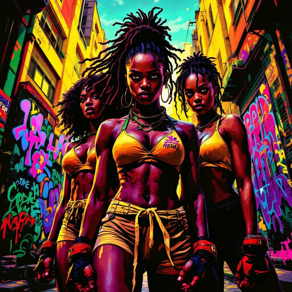 Reggae AI Album Cover — A vibrant reggae album cover featuring strong, determined female street fighters in dynamic poses, against a colorful urban backdrop; psychedelic color palette of greens, yellows, and reds, high contrast lighting, 8k resolution, highly detailed, conveying strength and community spirit