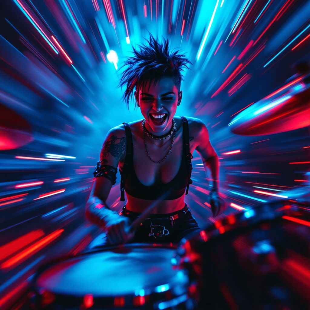 Punk AI Album Cover — Punk drummer mid-performance, dynamic angle, blurred motion lines, electric lighting, bold red and blue contrast, surreal and cinematic, expertly detailed 8k