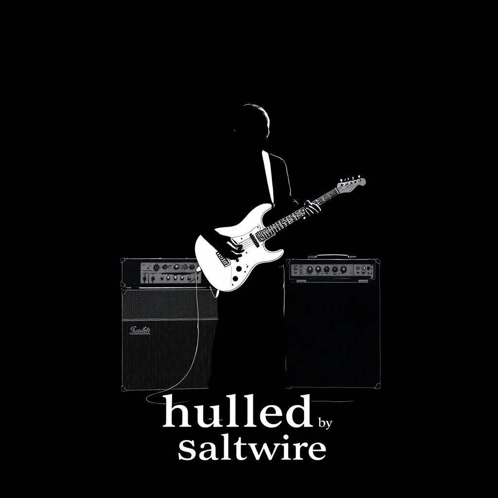 Indie AI Album Cover — A minimalist illustration of a lone figure playing guitar, body outlined in shadows, cables intertwining into vintage amplifiers; stark black background, ethereal lighting, contrast monochrome highlighting pain and connection, softly integrated title "hulled by Saltwire", highly detailed, professional quality, 8k resolution