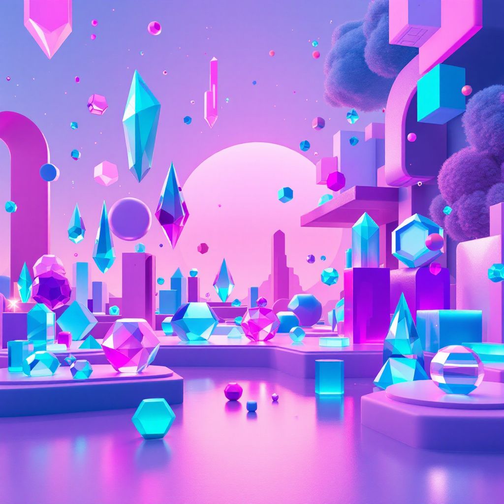 Synth-Pop AI Album Cover — Abstract synthwave landscape with floating geometric shapes, minimalist design, bright reflections, dreamy mood, in violet, cyan, and magenta, sharp focus, high quality