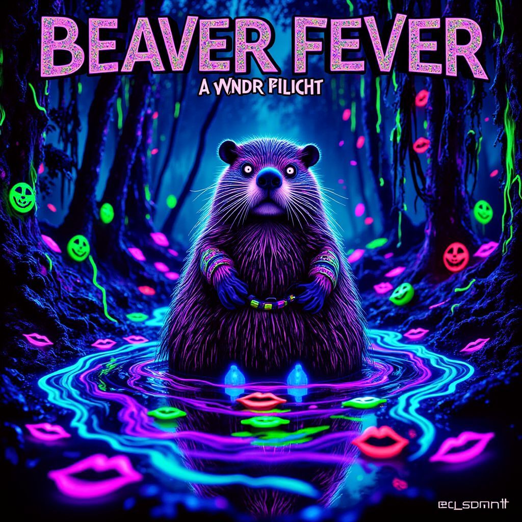EDM AI Album Cover — A surreal black light album cover for 'Beaver Fever', featuring a vibrant, anthropomorphic beaver in a neon-lit forest; psychedelic colors of blue, green, and pink swirling in a cosmic stream, bright glow effects, playful expressions, highly detailed, 8k resolution, capturing the wild energy of EDM.
