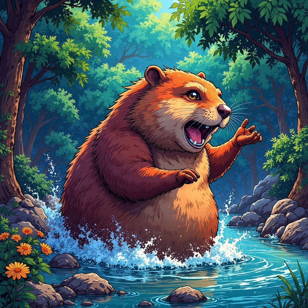 Synth-Pop AI Album Cover — A vibrant Ghibsky illustration, featuring an anthropomorphic beaver exuding sass, surrounded by flowing water and lush greenery; psychedelic colors with dramatic lighting, capturing the essence of wild freedom and playful desire, 8k resolution, high detail, dreamlike atmosphere