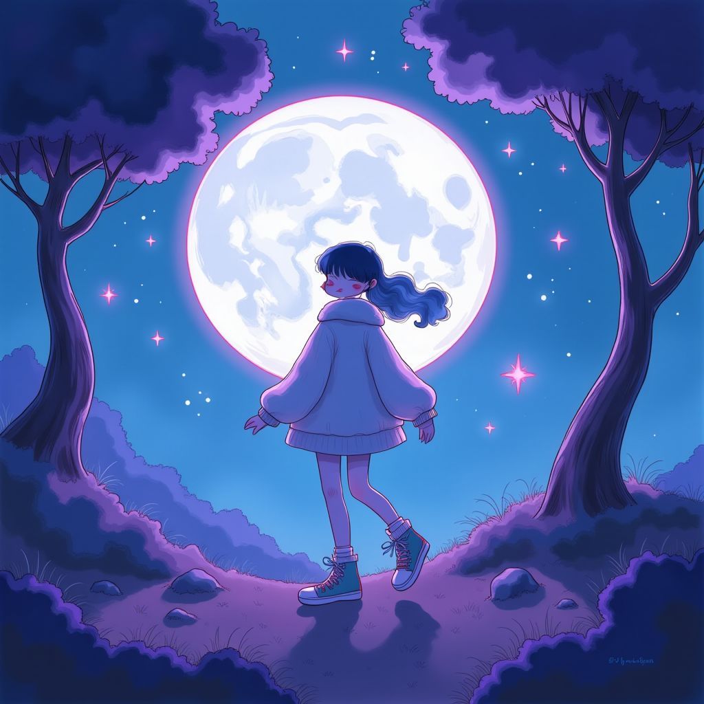 Lo-Fi AI Album Cover — A dreamy lo-fi album cover depicting a silhouette figure moonwalking beneath a glowing full moon, surrounded by soft neon lights and sparkles; pastel blue and purple color palette, cinematic lighting, ethereal and cozy atmosphere, 8k resolution, highly detailed, retro 80s vibe