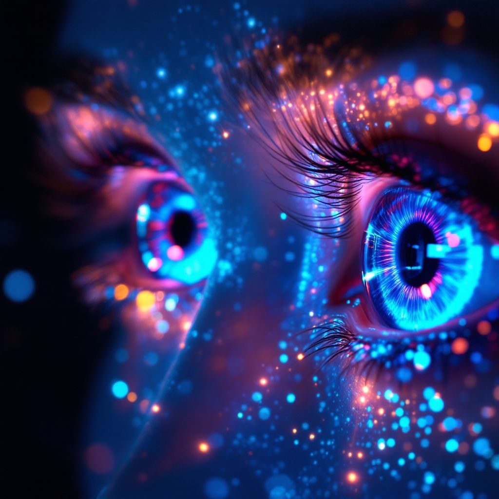 K-Pop AI Album Cover — An intense close-up of digital eyes, futuristic, holographic effects, photorealistic and surreal in 8k, electric blues and silvers, captivating gaze