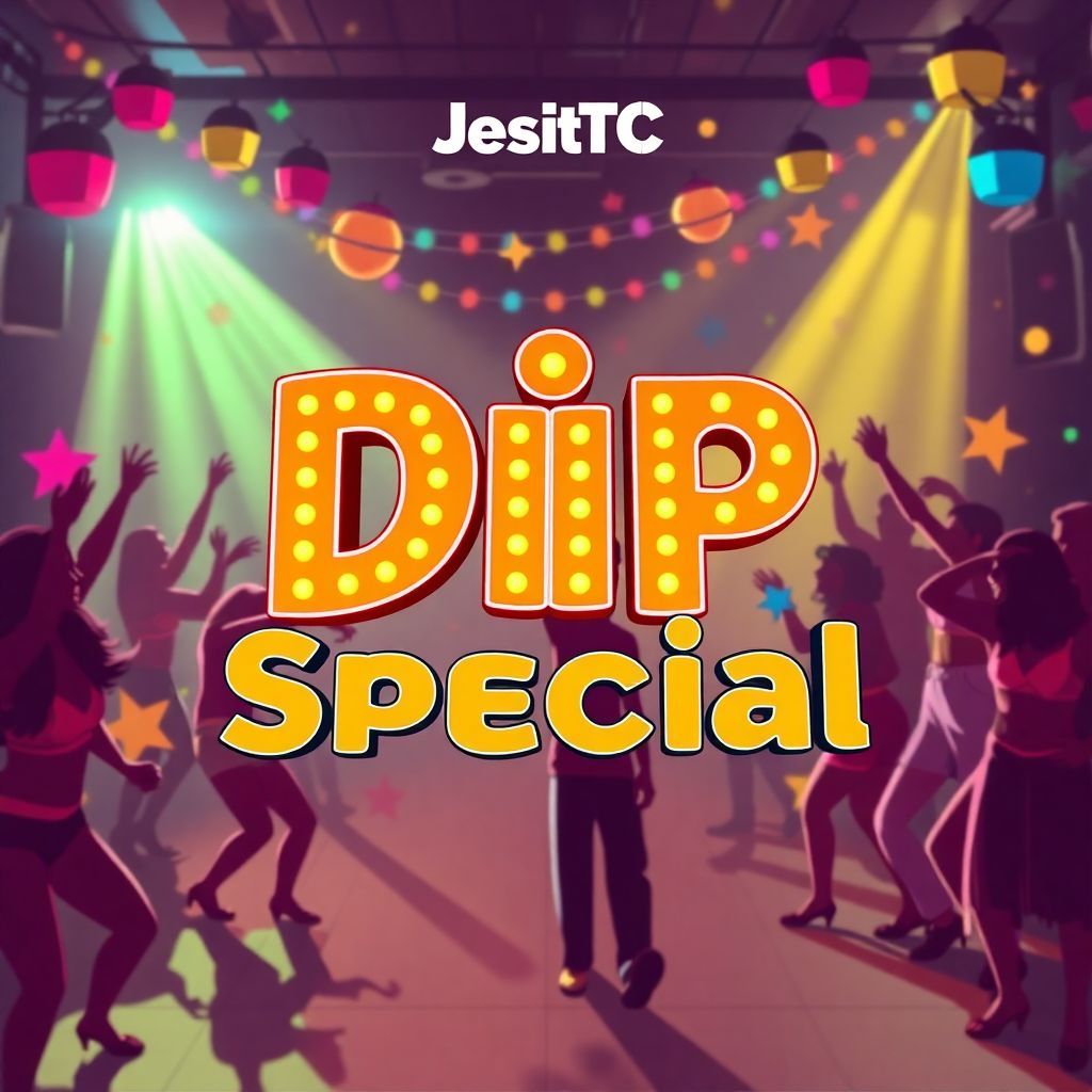 Reggaeton AI Album Cover — A vibrant reggaeton album cover featuring a lively fiesta scene with energetic dancers and colorful elements representing the song's 'Dip Special' theme; the title 'Dip Special' in bold, playful typography interwoven with bright festive colors and dynamic silhouettes, 8k resolution, highly detailed, capturing the rhythm and flavor of the party atmosphere