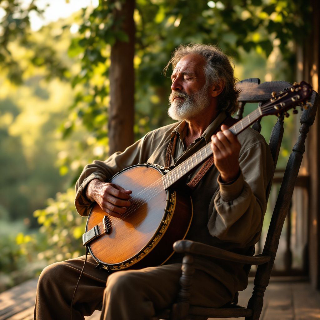Americana AI Album Cover — Traditional folk musician playing banjo on a porch, intimate and atmospheric, natural warm lighting, earthy browns and greens, photorealistic detail, 8k, artful composition.
