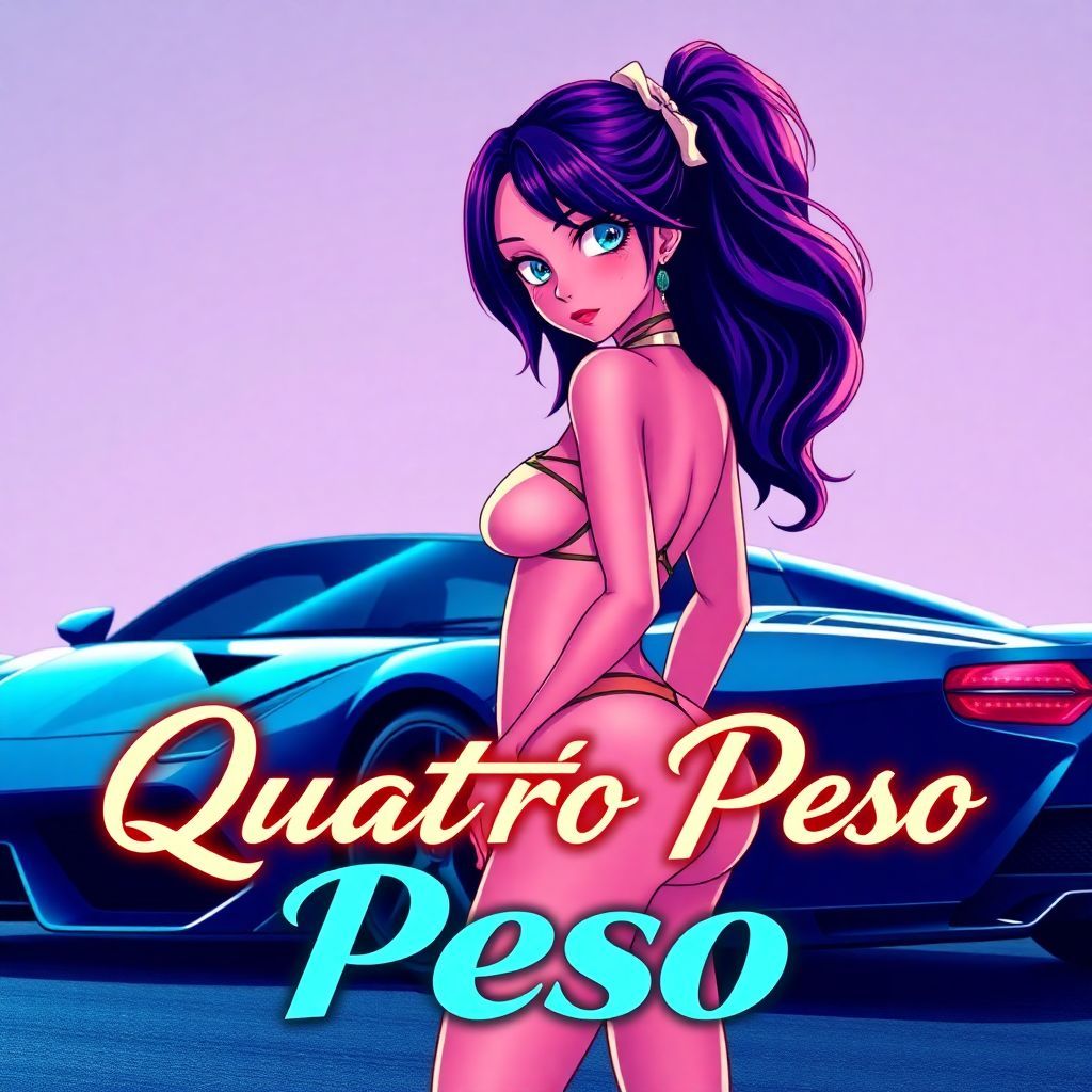 Funk AI Album Cover — Anime-style album cover for funk genre featuring a beautiful girl with striking blue-green eyes and an alluring figure, standing confidently next to a sleek sports car in vibrant colors; the title "Quattro Peso" in an elegant, bold font, bright neon tones, energetic atmosphere, highly detailed, 8k quality.