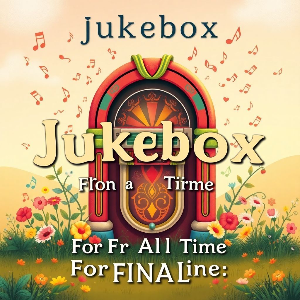 Folk AI Album Cover — A vibrant folk music album cover titled "Jukebox For All Time", featuring a whimsical illustrated jukebox surrounded by colorful musical notes and lush nature. The design is whimsical and colorful, with a dreamy atmosphere and soft lighting; warm earthy tones and pastel colors blend harmoniously, highly detailed and professional look in 8k resolution.