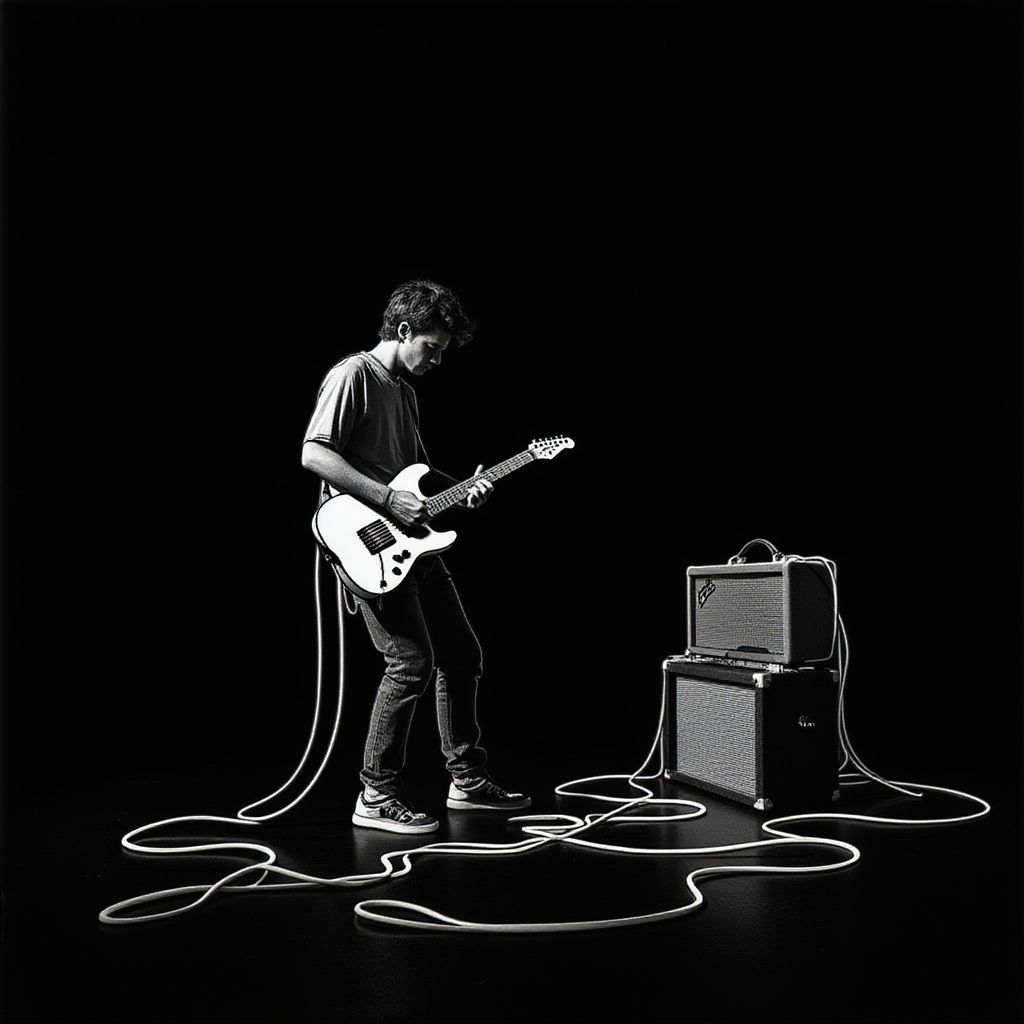 Indie AI Album Cover — A minimalist illustration of a lone figure playing guitar, entangled in countless cables leading to vintage amplifiers; stark black background, ethereal lighting, focus on outlines and shadows, monochrome high contrast, body posture reflecting pain, highly detailed, 8k resolution, melancholic and introspective feel