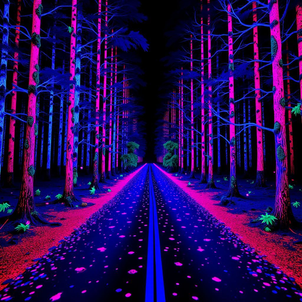 Electronic AI Album Cover — A psychedelic black light album cover featuring a surreal road winding through a vibrant forest, illuminated in neon colors; ethereal particles floating in the air, dreamlike atmosphere, high contrast, 8k resolution, highly detailed, capturing the essence of journey and exploration in electronic music.