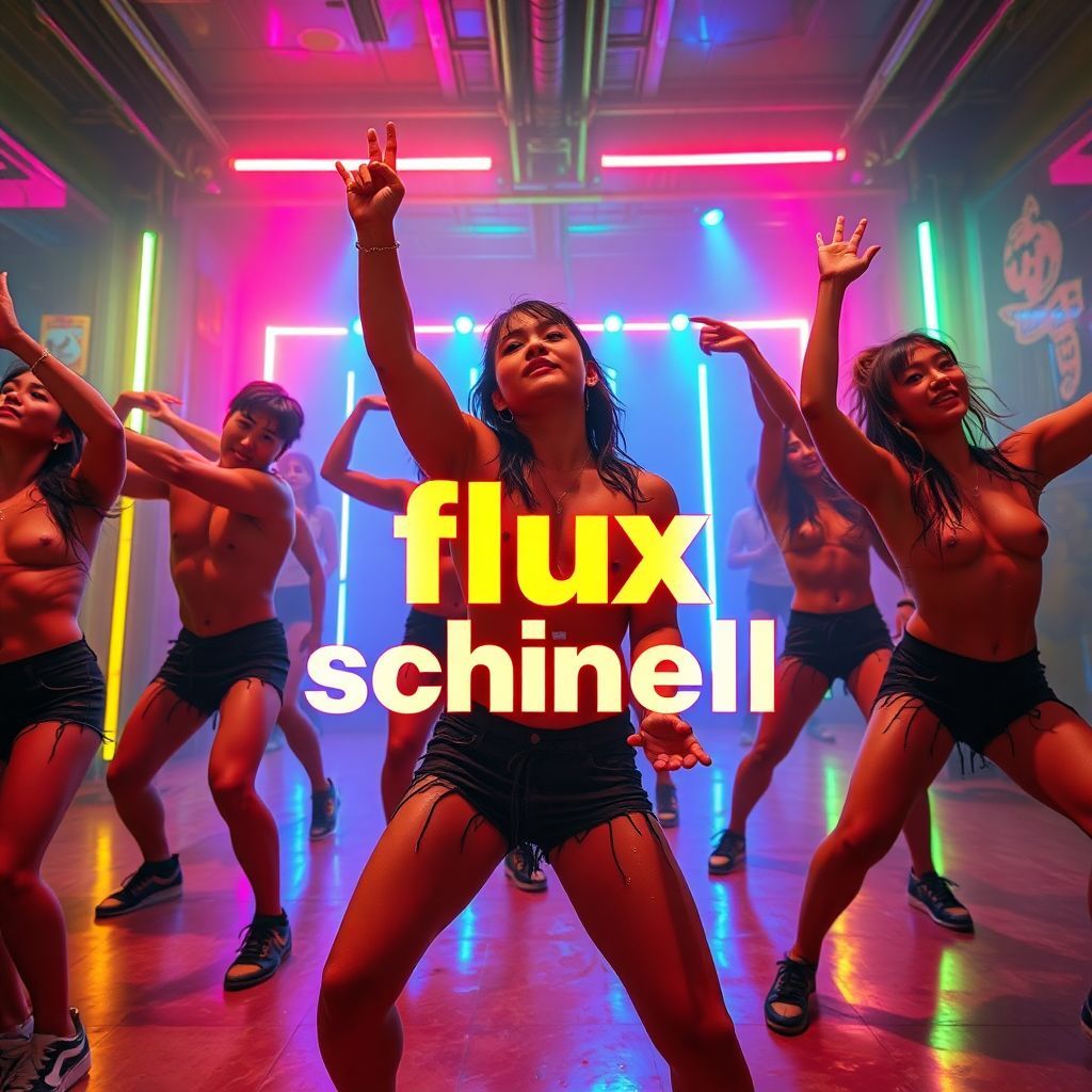 K-Pop AI Album Cover — A vibrant K-Pop album cover featuring energetic dancers drenched in sweat, striking dynamic poses under colorful neon lights; bold typography with the title "flux schnell" integrated into the scene, psychedelic colors with a warm palette, highly detailed, 8k resolution, capturing the intensity of the moment.